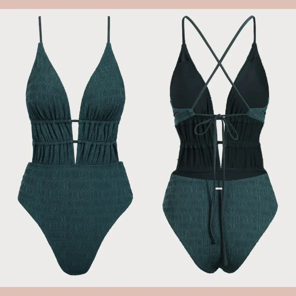 NWT $55 Berlook‎ [ Small ] Dark Green Textured Plunge One-Piece Swimsuit #7077